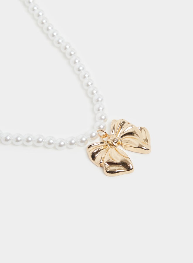 Styli Gold Bow Pearl Beaded Necklace - Image 2